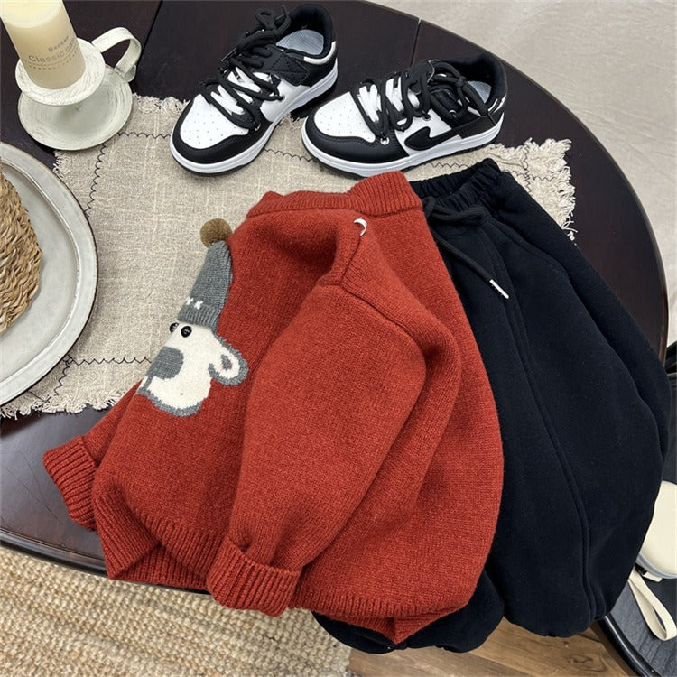 Boys Red Knit Fleece Sweater Round Neck Top with Dog-in-Hat Decor