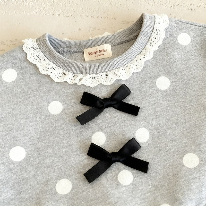 Girls Two-Piece Outfit Set Grey Polka Dot Top with Bow Detail & Black Bell Bottom Pants