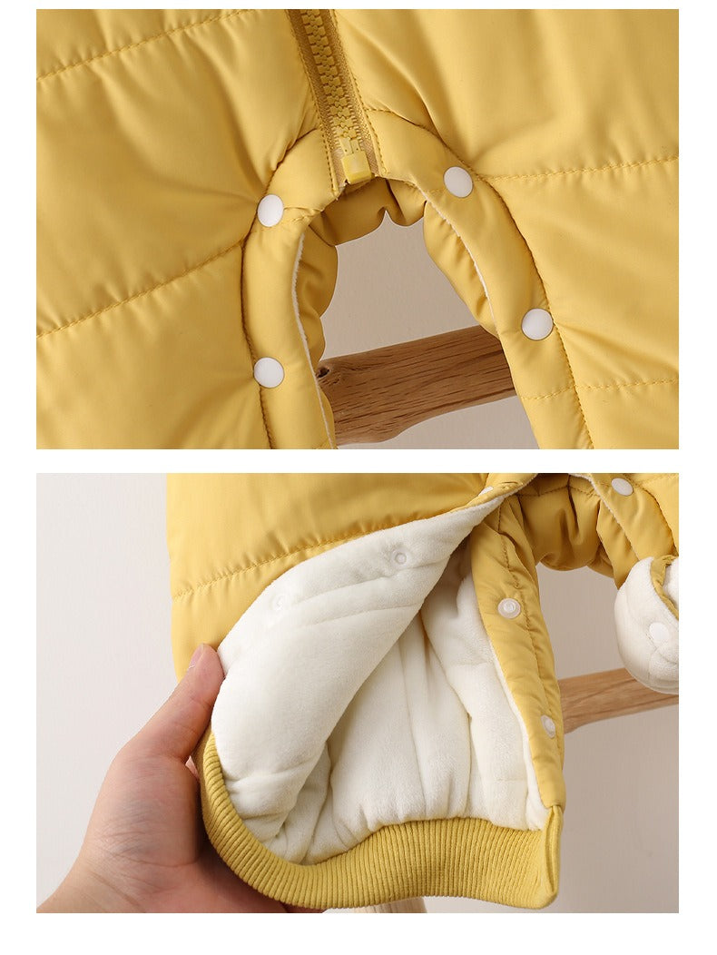 Yellow Baby Hooded Romper Cute Padded Jumpsuit with Cartoon Print