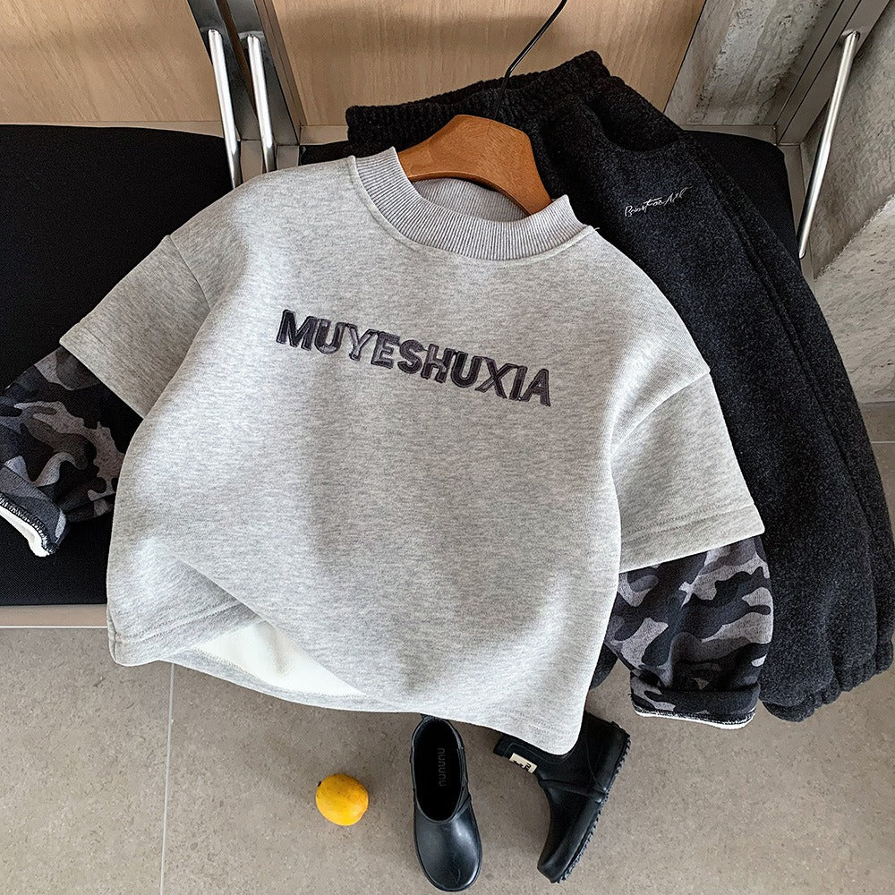 Boys Camo Sweatshirt Gray Fleece-Lined Pullover with Camouflage Sleeves