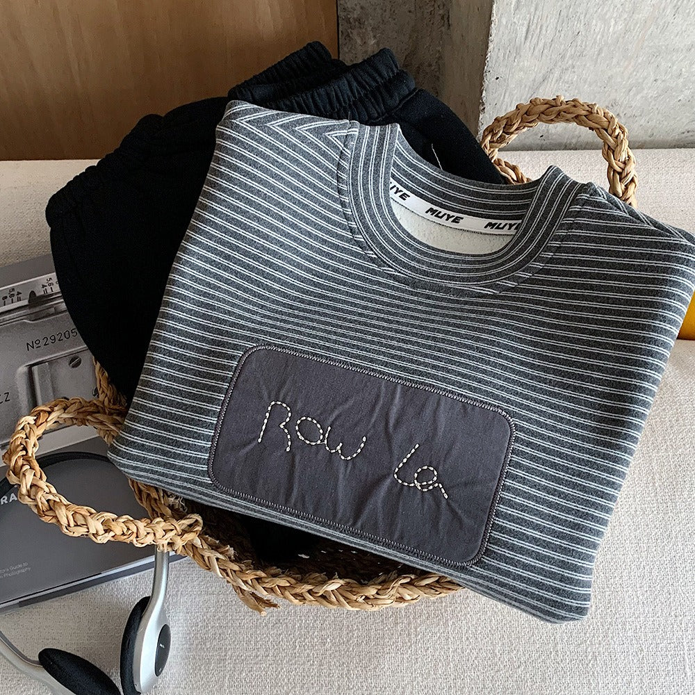 Boys Warm Long-sleeve Sweatshirt Fleece-Lined Striped Charcoal Gray Pullover