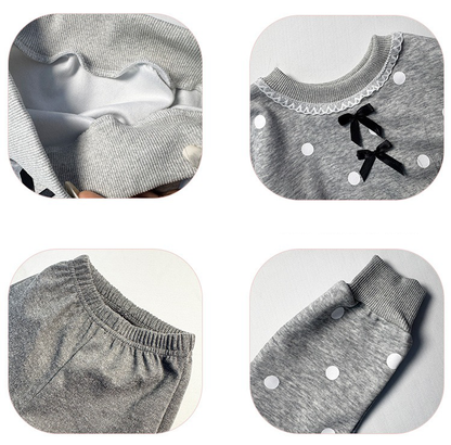 Girls Two-Piece Outfit Set Grey Polka Dot Top with Bow Detail & Black Bell Bottom Pants