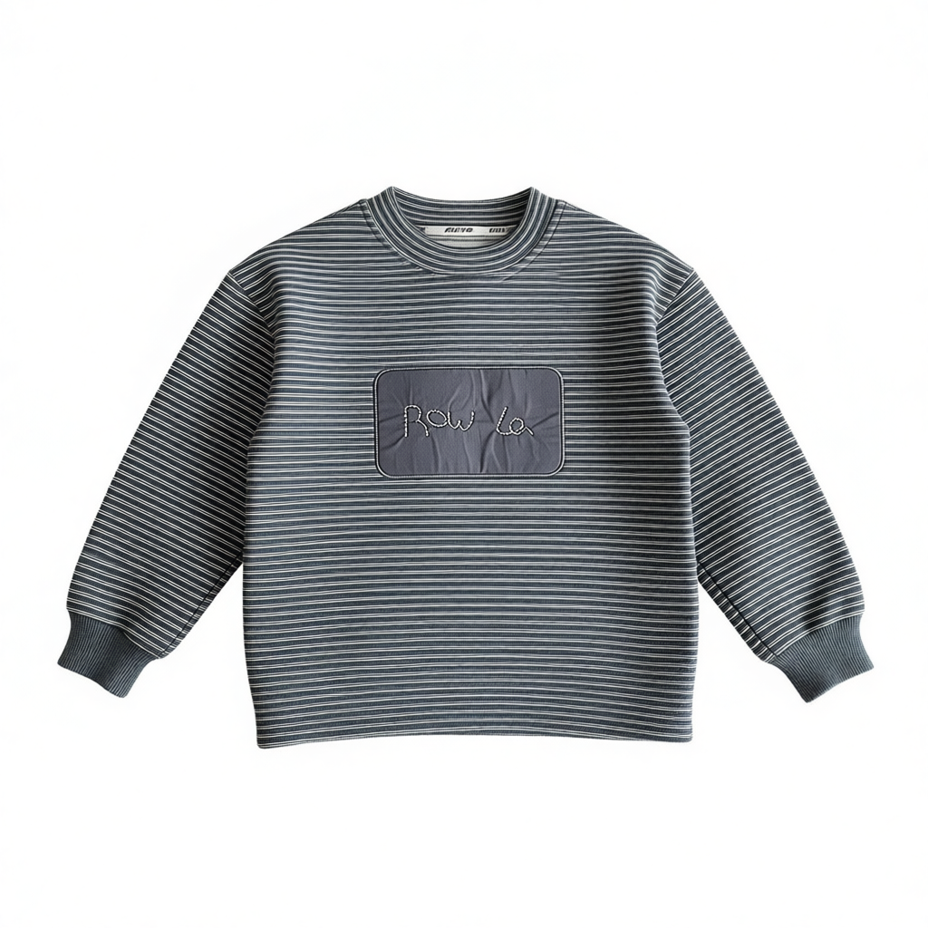 Boys Warm Long-sleeve Sweatshirt Fleece-Lined Striped Charcoal Gray Pullover
