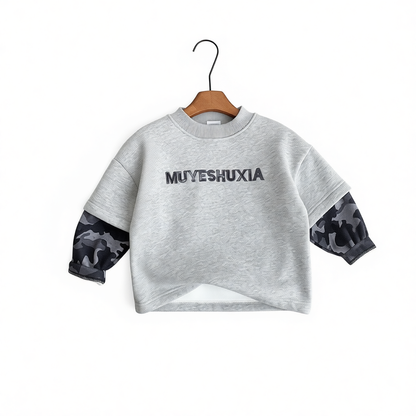 Boys Camo Sweatshirt Gray Fleece-Lined Pullover with Camouflage Sleeves