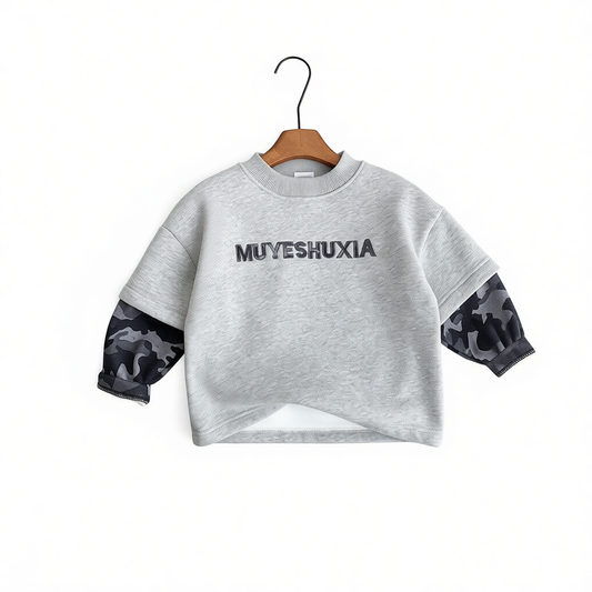 Boys Camo Sweatshirt Gray Fleece-Lined Pullover with Camouflage Sleeves