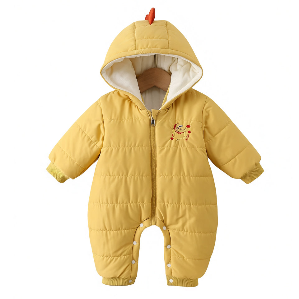 Yellow Baby Hooded Romper Cute Padded Jumpsuit with Cartoon Print
