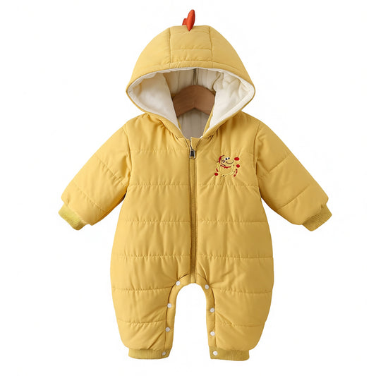 Yellow Baby Hooded Romper Cute Padded Jumpsuit with Cartoon Print