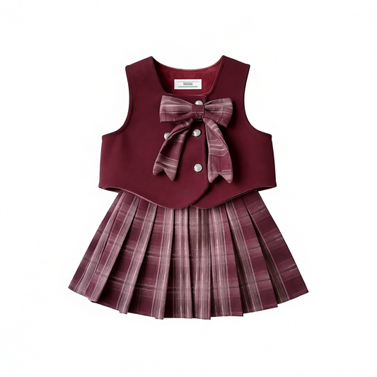 Girls Bow-Decorated Fleece-Lined Vest and Plaid Pleated Skirt (2-Piece Set)
