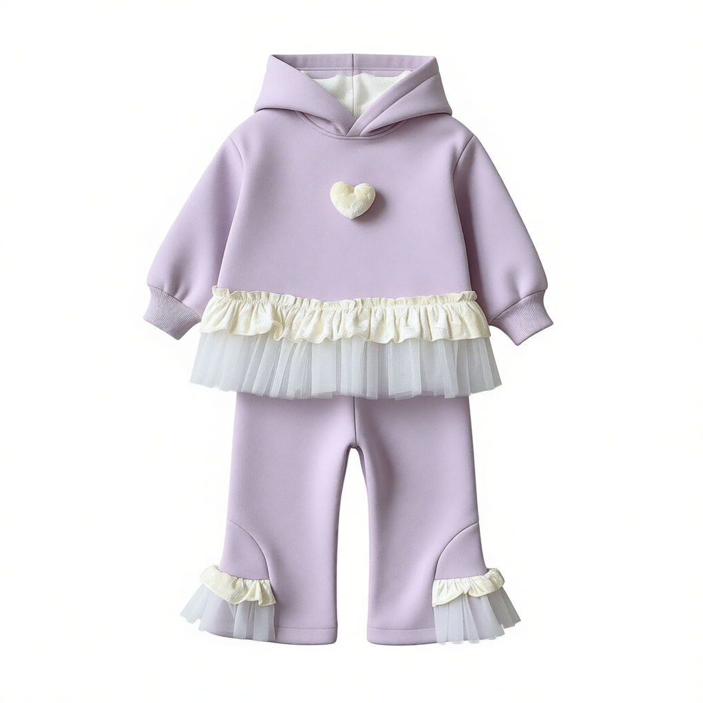 Girls' 2-Piece Winter Set Fleece-Lined Hoodie &amp; Lace Trim Joggers (Ages 3-8)