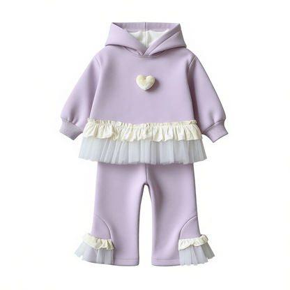 Girls' 2-Piece Winter Set Fleece-Lined Hoodie &amp; Lace Trim Joggers (Ages 3-8)