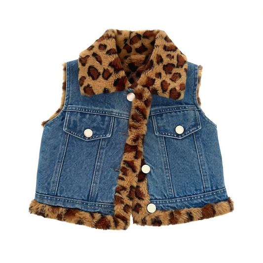 Kids Warm Padded Denim Vest Boys Girls Trendy Leopard and Denim Sleeveless Coat