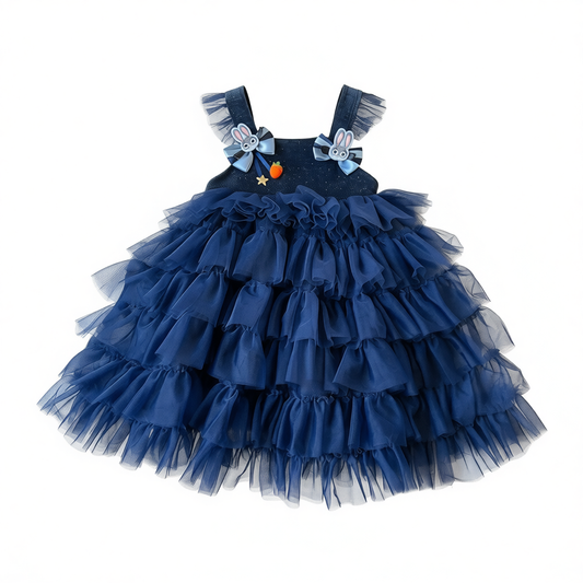 Girls Warm Bunny Cake Tutu Dress Blue Fleece-Lined Tiered Tulle Dress
