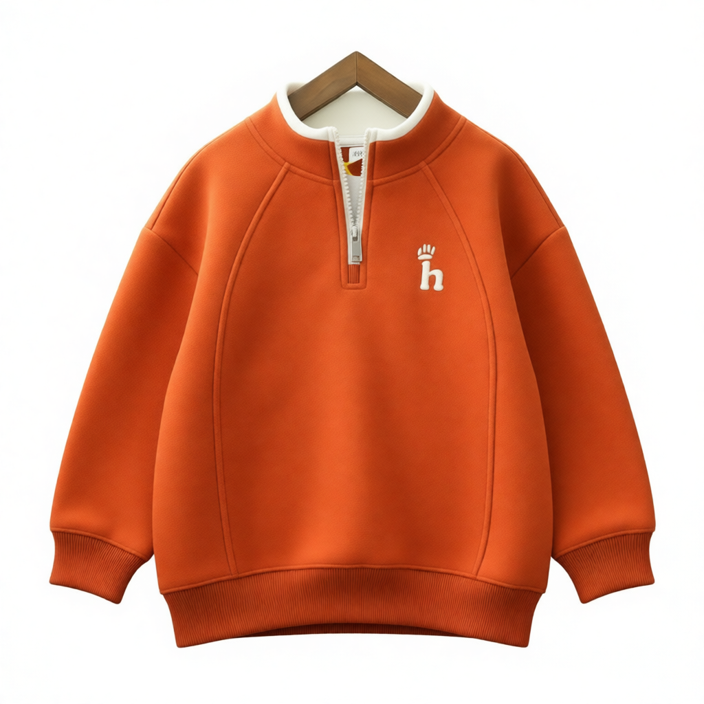 Boys Warm Fleece Hoodie Orange Half-Zip Pullover with h Letter Design