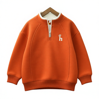 Boys Warm Fleece Hoodie Orange Half-Zip Pullover with h Letter Design