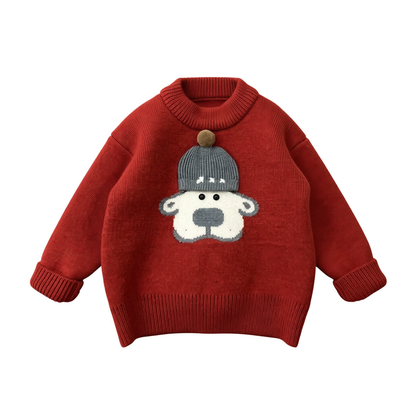 Boys Red Knit Fleece Sweater Round Neck Top with Dog-in-Hat Decor