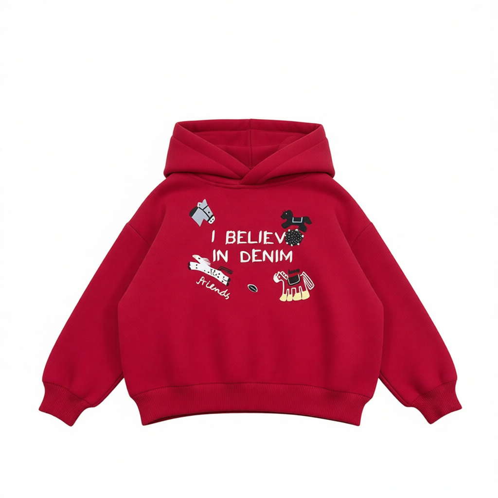 Boys Fleece-Lined Hoodie with Pony Design - Red & Grey Color Options