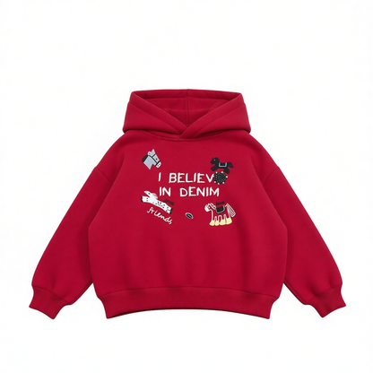 Boys Fleece-Lined Hoodie with Pony Design - Red & Grey Color Options