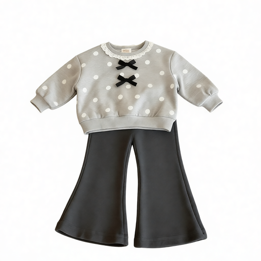Girls Two-Piece Outfit Set Grey Polka Dot Top with Bow Detail & Black Bell Bottom Pants