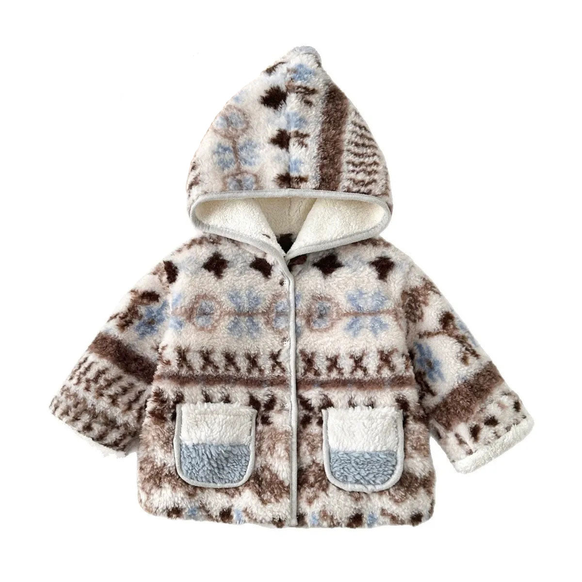 Girls Warm Thick Outerwear Fleece Hooded Coat with Cute Two Pockets At the Front