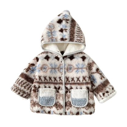 Girls Warm Thick Outerwear Fleece Hooded Coat with Cute Two Pockets At the Front