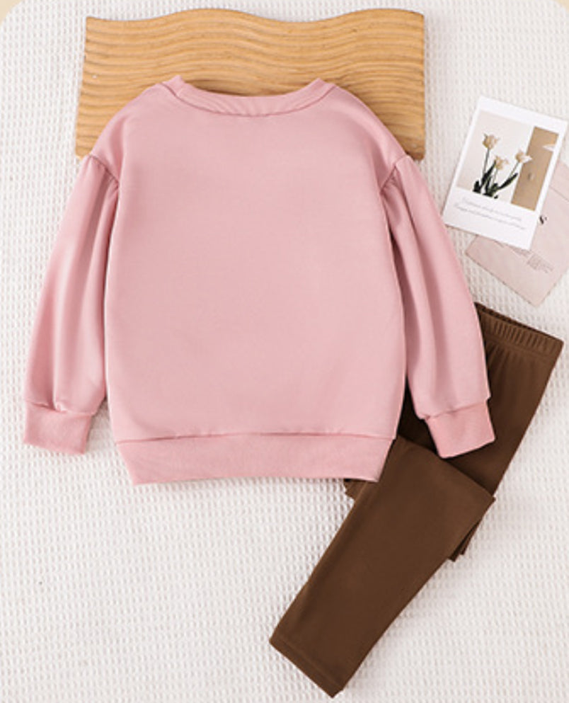 Girl's Pink and Brown Bow Decorated Sweatshirt and Leggings Outfit Set