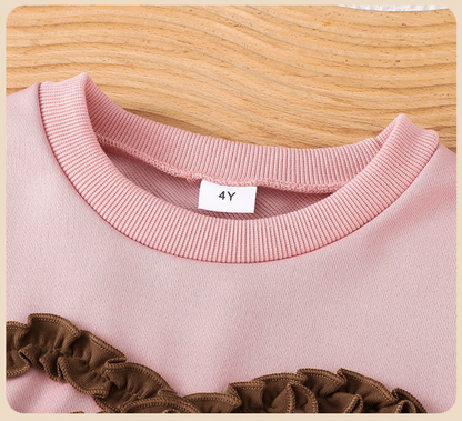 Girl's Pink and Brown Bow Decorated Sweatshirt and Leggings Outfit Set