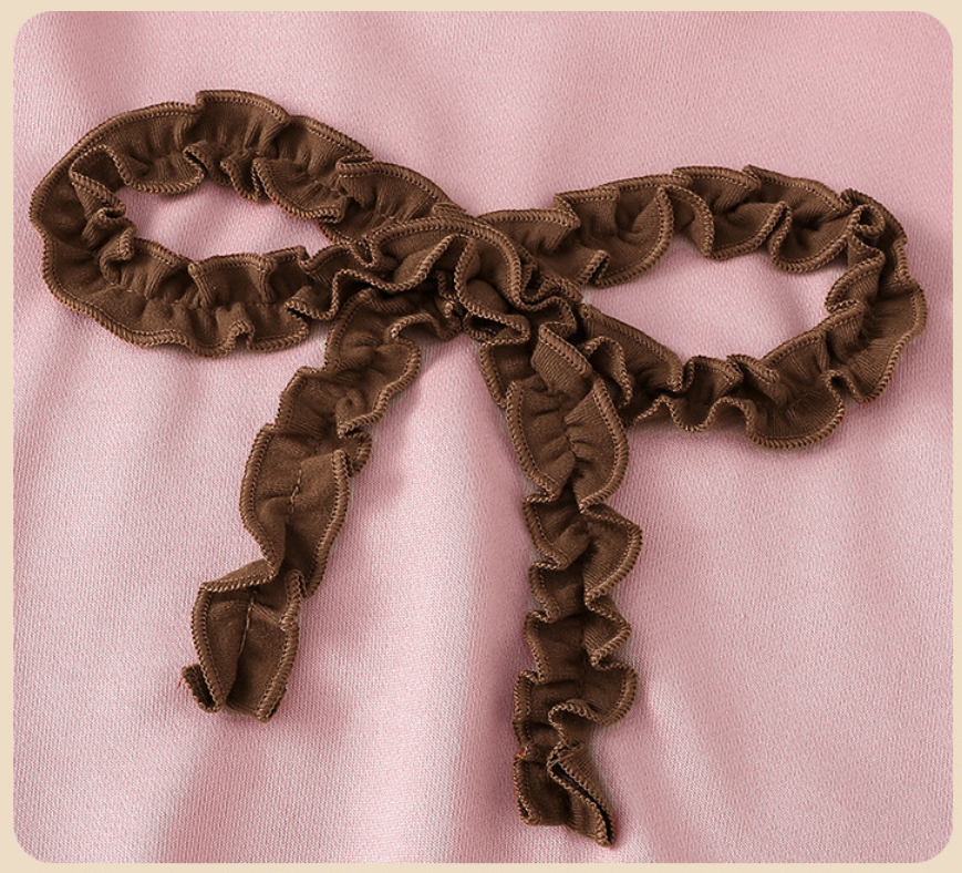 Girl's Pink and Brown Bow Decorated Sweatshirt and Leggings Outfit Set