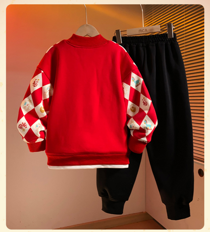 Boys Red Geometric Sweatshirt and Black Pants 2 Pieces Fleece Outfit Set