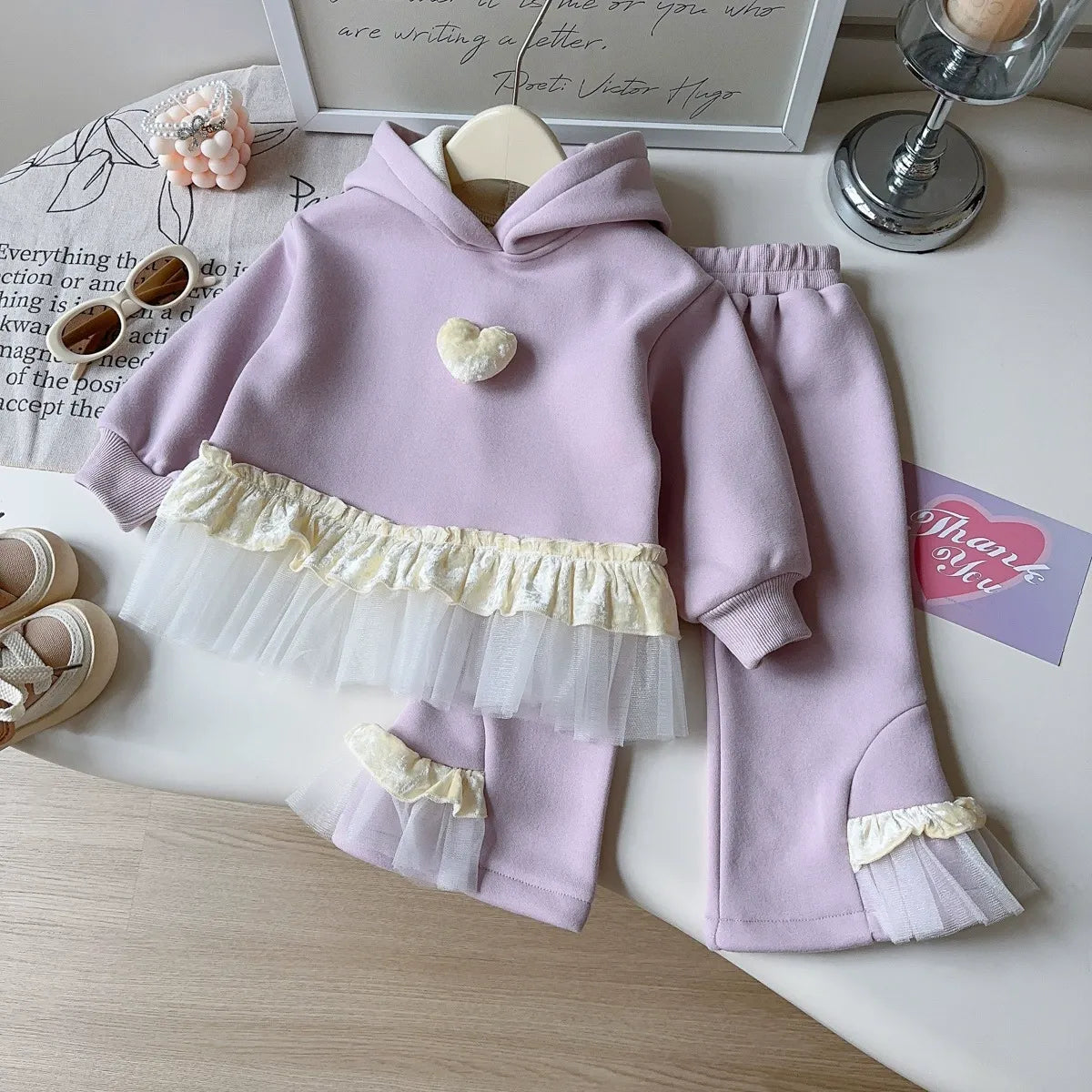 Girls' 2-Piece Winter Set Fleece-Lined Hoodie &amp; Lace Trim Joggers (Ages 3-8)