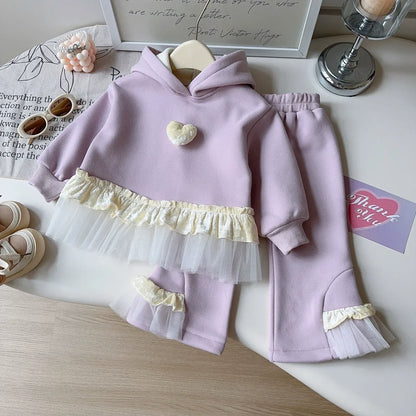 Girls' 2-Piece Winter Set Fleece-Lined Hoodie &amp; Lace Trim Joggers (Ages 3-8)