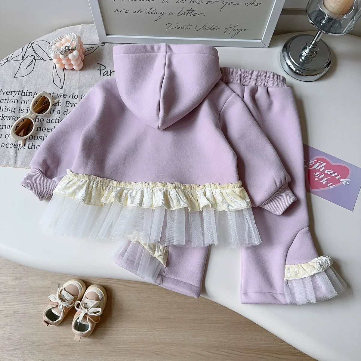 Girls' 2-Piece Winter Set Fleece-Lined Hoodie &amp; Lace Trim Joggers (Ages 3-8)