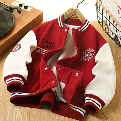 Classic Red & White Kids Embroidered Varsity Jacket Winter Fleece Coat