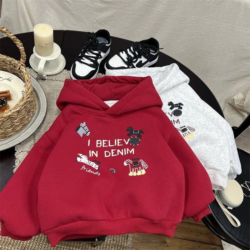 Boys Fleece-Lined Hoodie with Pony Design - Red & Grey Color Options