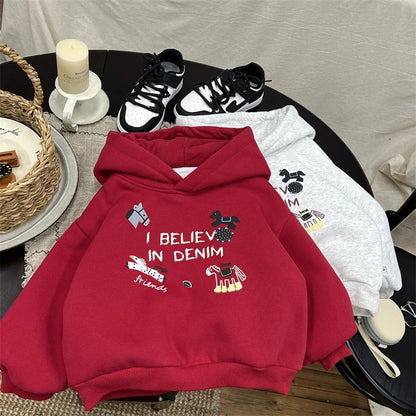 Boys Fleece-Lined Hoodie with Pony Design - Red & Grey Color Options