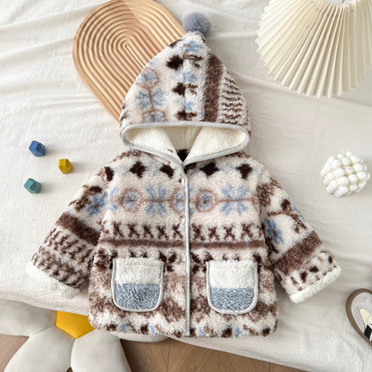 Girls Warm Thick Outerwear Fleece Hooded Coat with Cute Two Pockets At the Front
