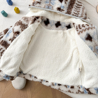 Girls Warm Thick Outerwear Fleece Hooded Coat with Cute Two Pockets At the Front