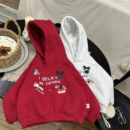 Boys Fleece-Lined Hoodie with Pony Design - Red & Grey Color Options
