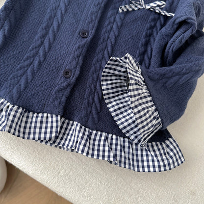 Girls Navy Blue Knit Cardigan and Flared Pants Fashion 2-Piece Set for 2T-8 Years