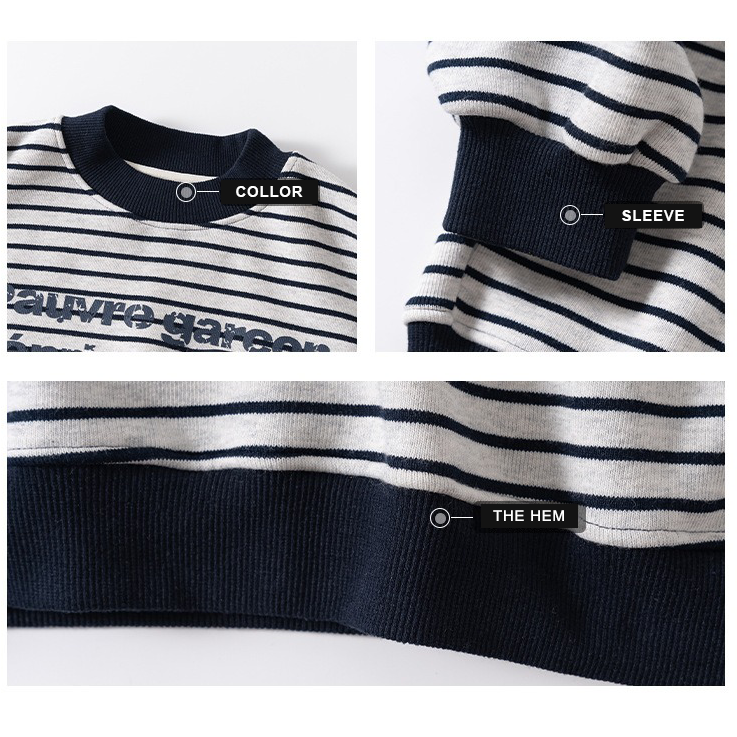 Boys Grey Stripe Fleece Sweatshirt Fashion Pullover with Little Pocket