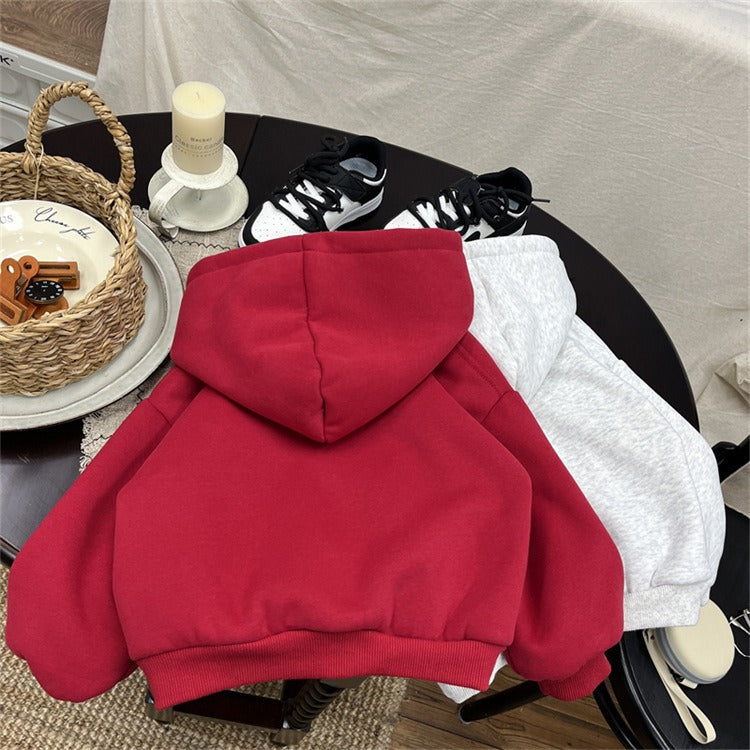 Boys Fleece-Lined Hoodie with Pony Design - Red & Grey Color Options