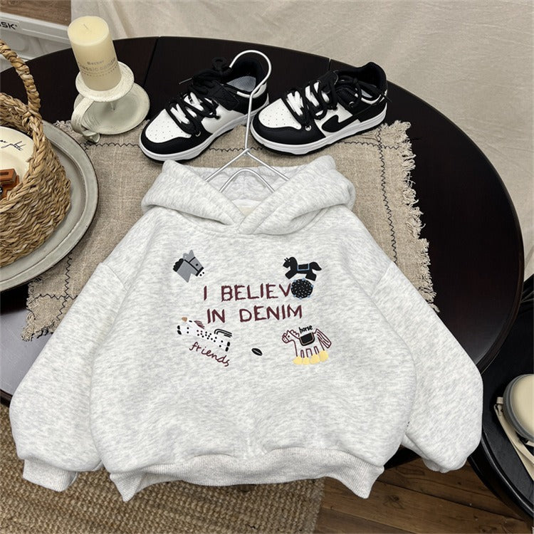 Boys Fleece-Lined Hoodie with Pony Design - Red & Grey Color Options