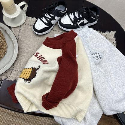 Boys Red and White Knit Sweater Colorblock Pullover with Puppy Print