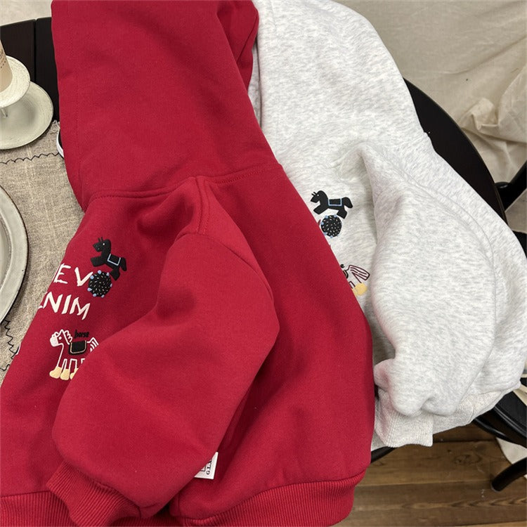 Boys Fleece-Lined Hoodie with Pony Design - Red & Grey Color Options