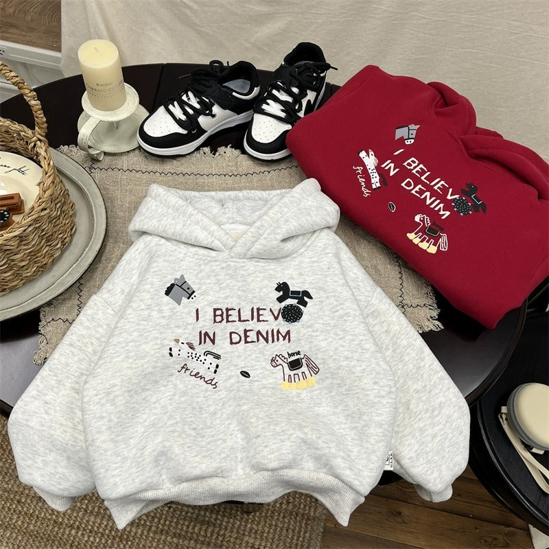Boys Fleece-Lined Hoodie with Pony Design - Red & Grey Color Options