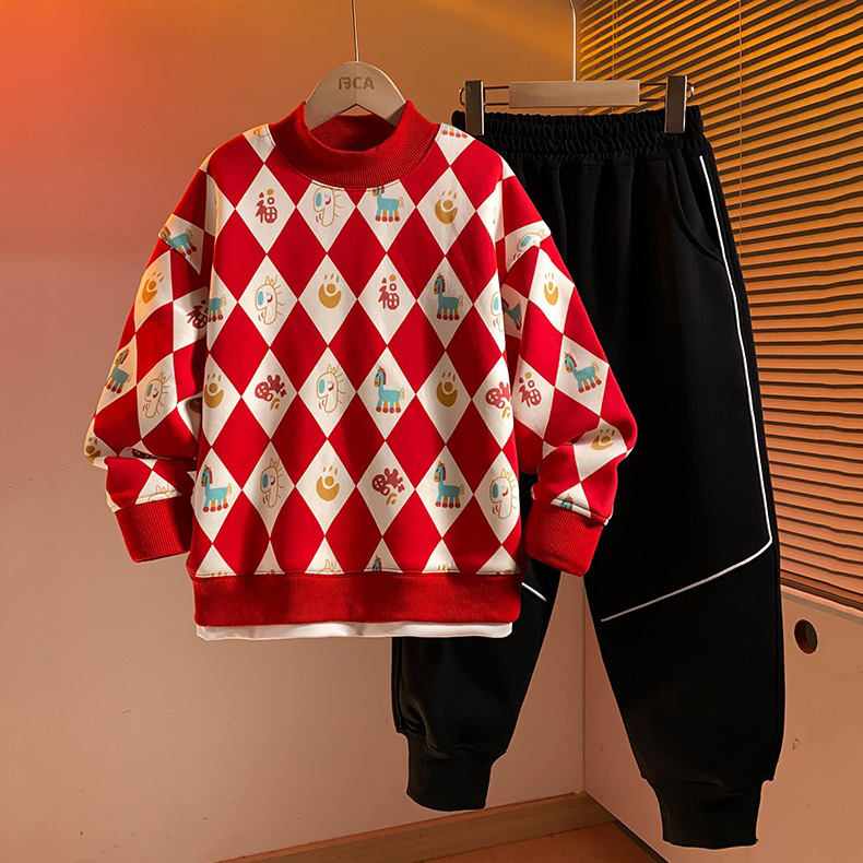 Boys Red Geometric Sweatshirt and Black Pants 2 Pieces Fleece Outfit Set