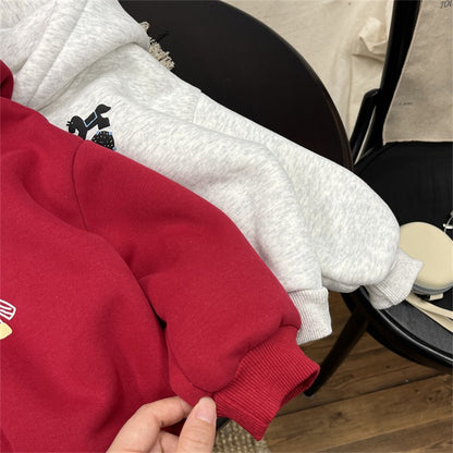 Boys Fleece-Lined Hoodie with Pony Design - Red & Grey Color Options