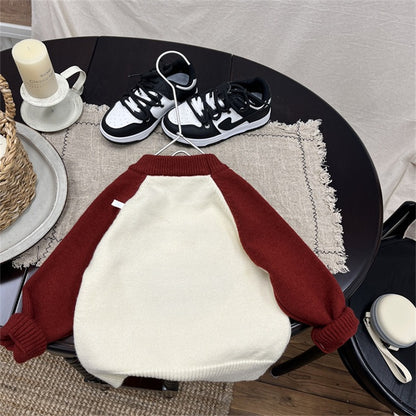 Boys Red and White Knit Sweater Colorblock Pullover with Puppy Print