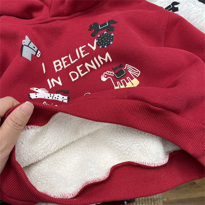 Boys Fleece-Lined Hoodie with Pony Design - Red & Grey Color Options