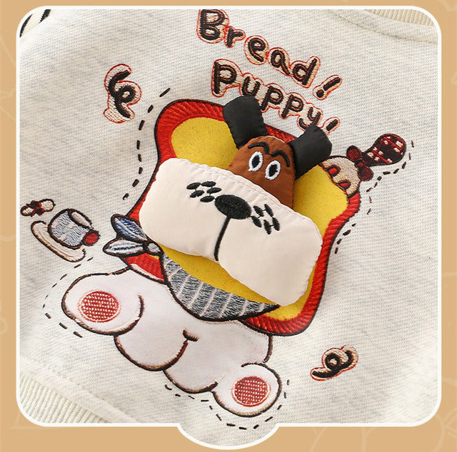 Baby Boy Two-Piece Set Outfit with 3D Dog Pattern Fleece-Lined Grey Pullover and Pants