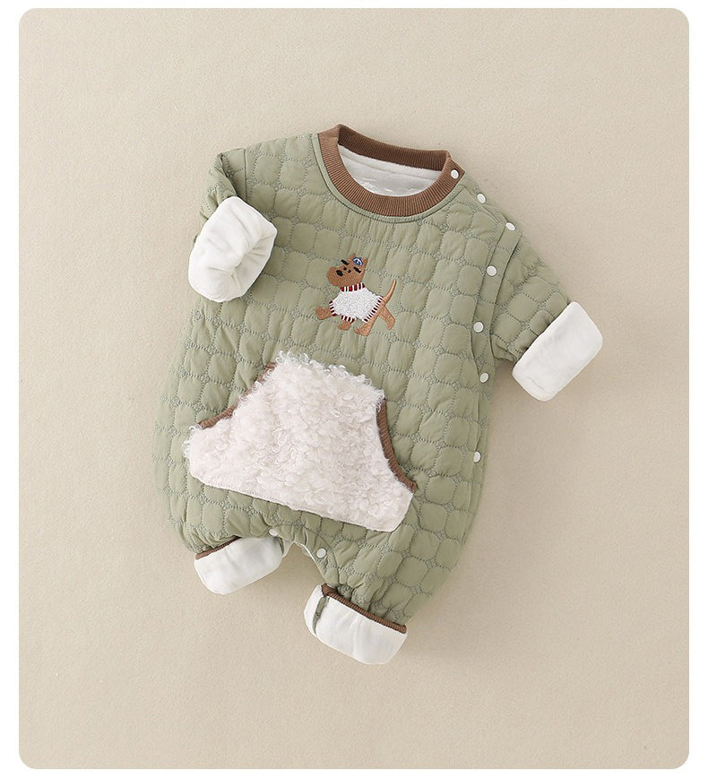 Green Quilted Baby Boys Romper Plush-Lined One-Piece with Cute Dog Pattern